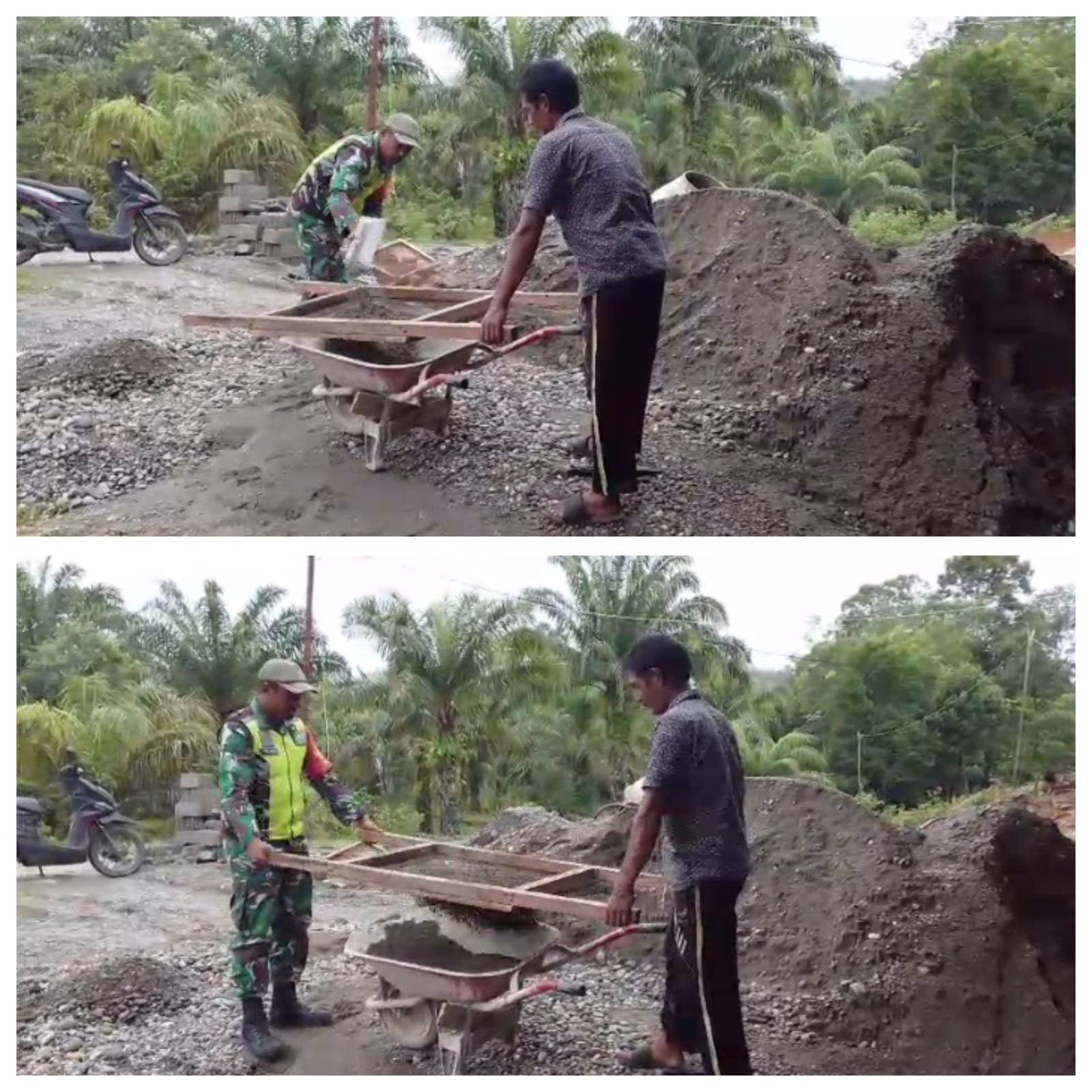 Pasir untuk Rumah Warga Sarah Perlak Diayak Bersama, Babinsa Sungai Mas Ikut Membantu